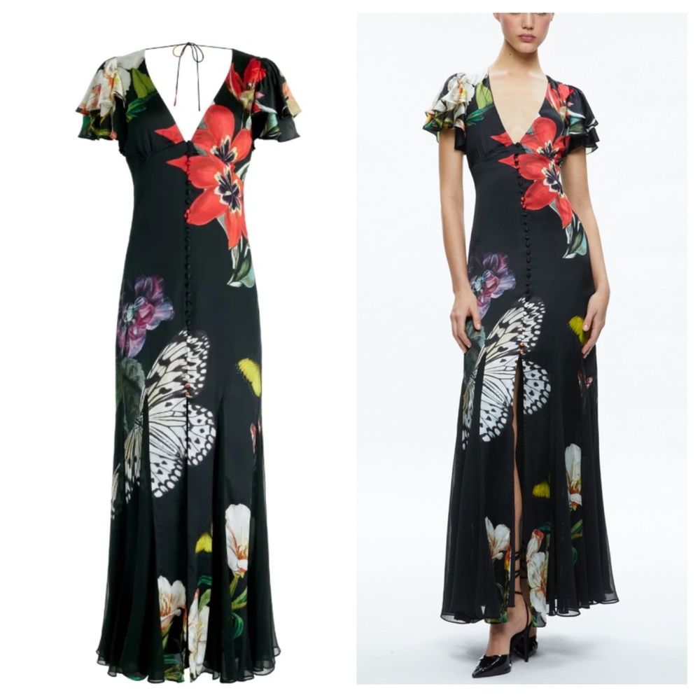 Alice + Olivia Red and Black Asymmetrical Maxi Dress